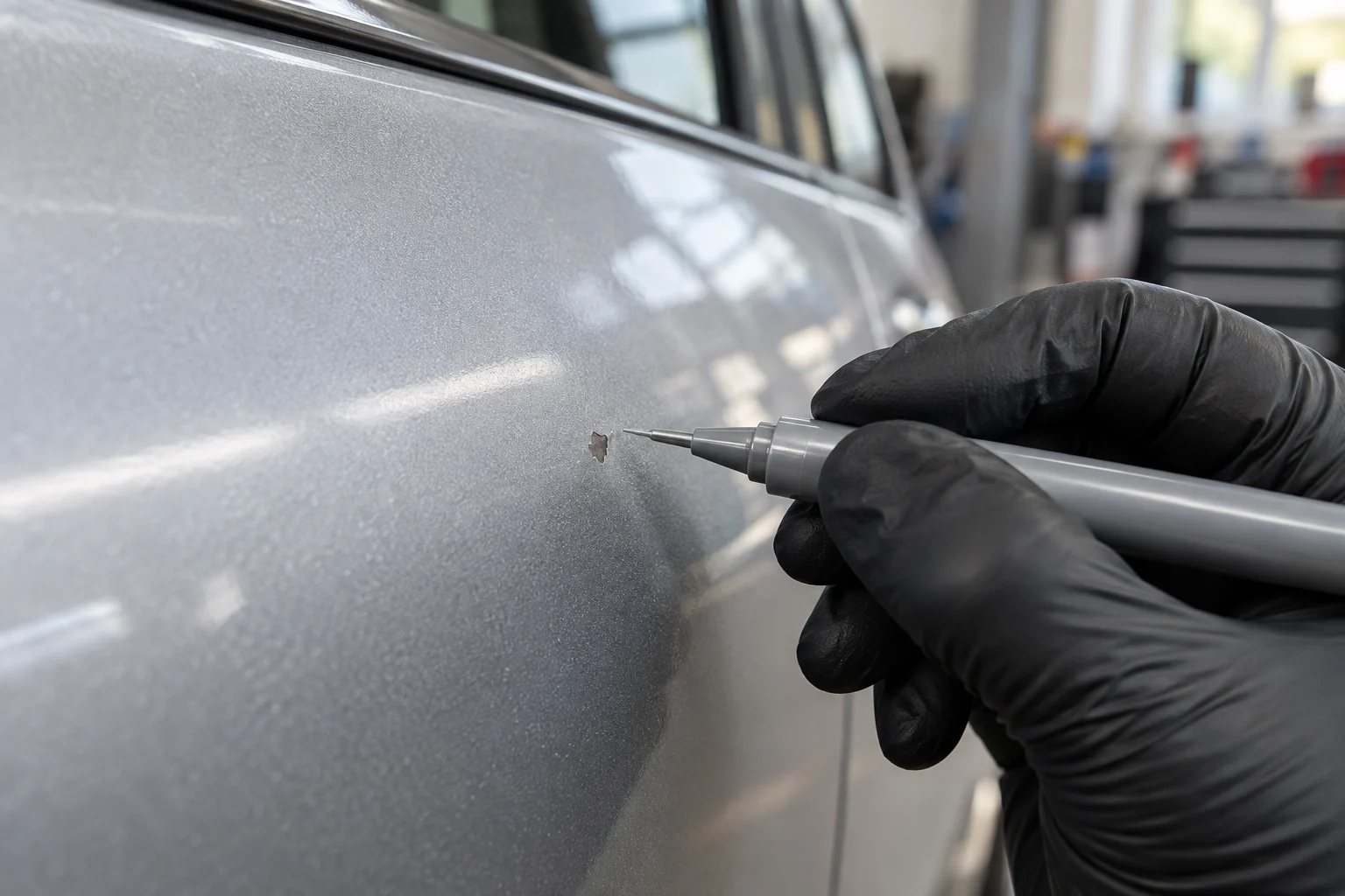 Mão com luva segurando uma caneta de retoque perto de uma pequena marca na pintura de um carro prata