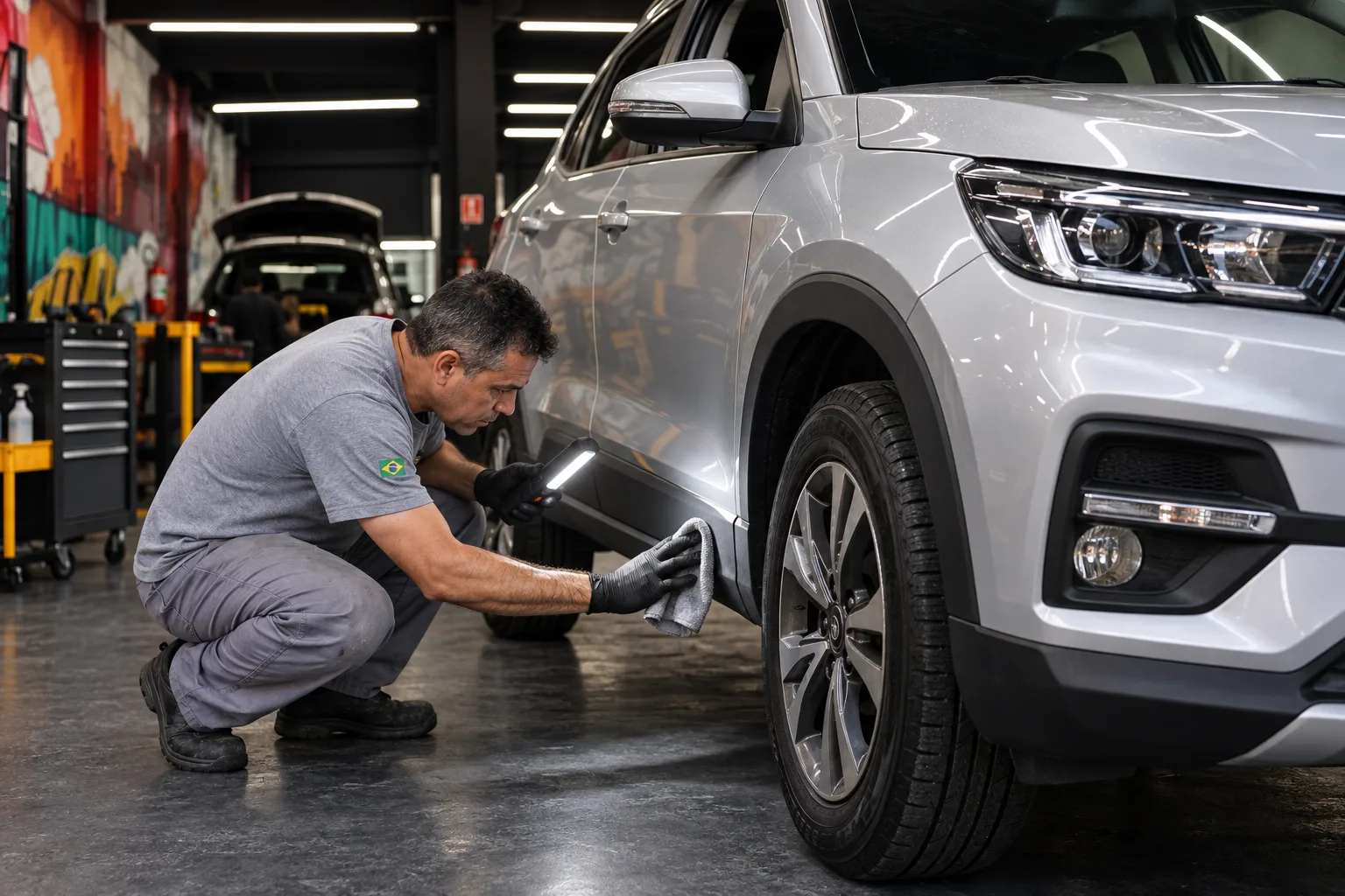 Profissional inspeciona a lateral e a caixa de roda de um carro dentro da oficina