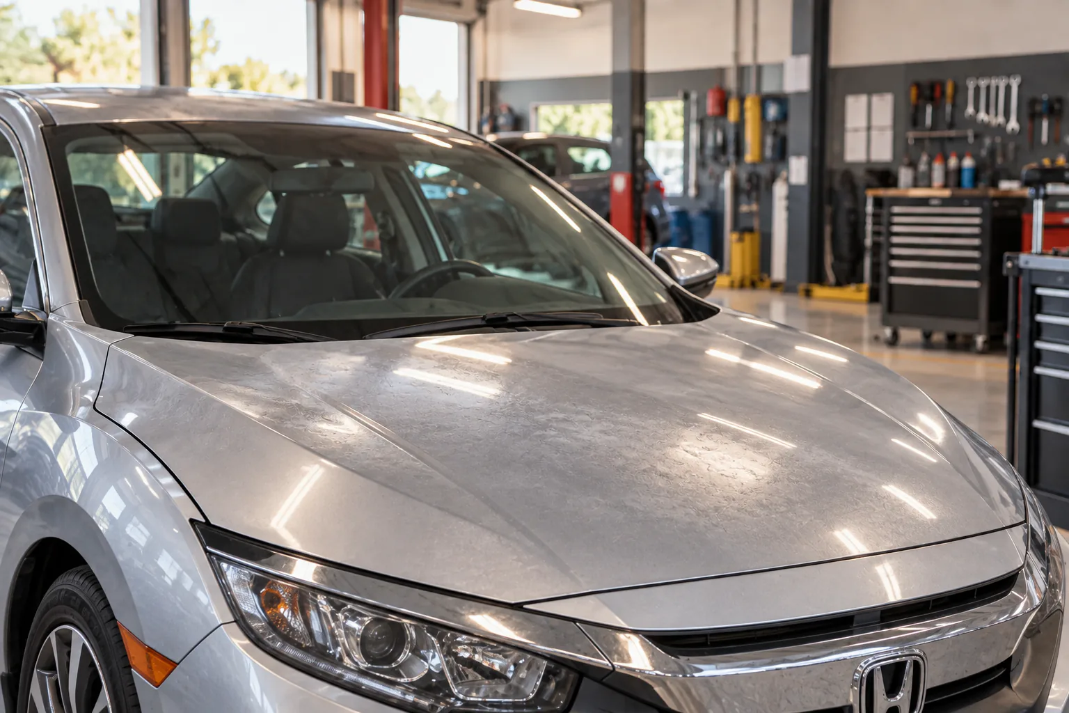 Civic prata com perda de brilho no capô dentro de uma oficina de pintura automotiva