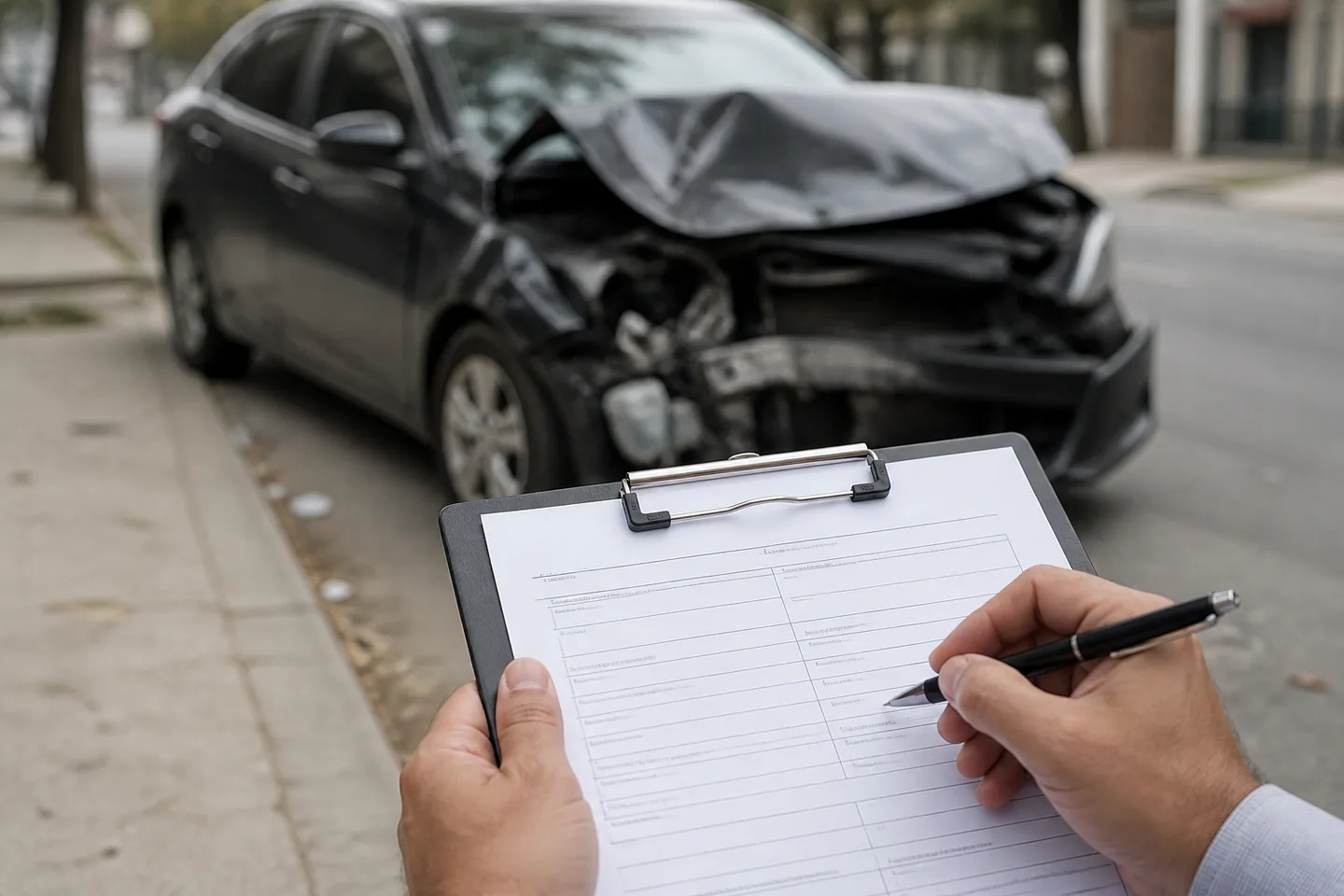 Pessoa preenchendo formulário de seguro diante de um carro danificado após colisão