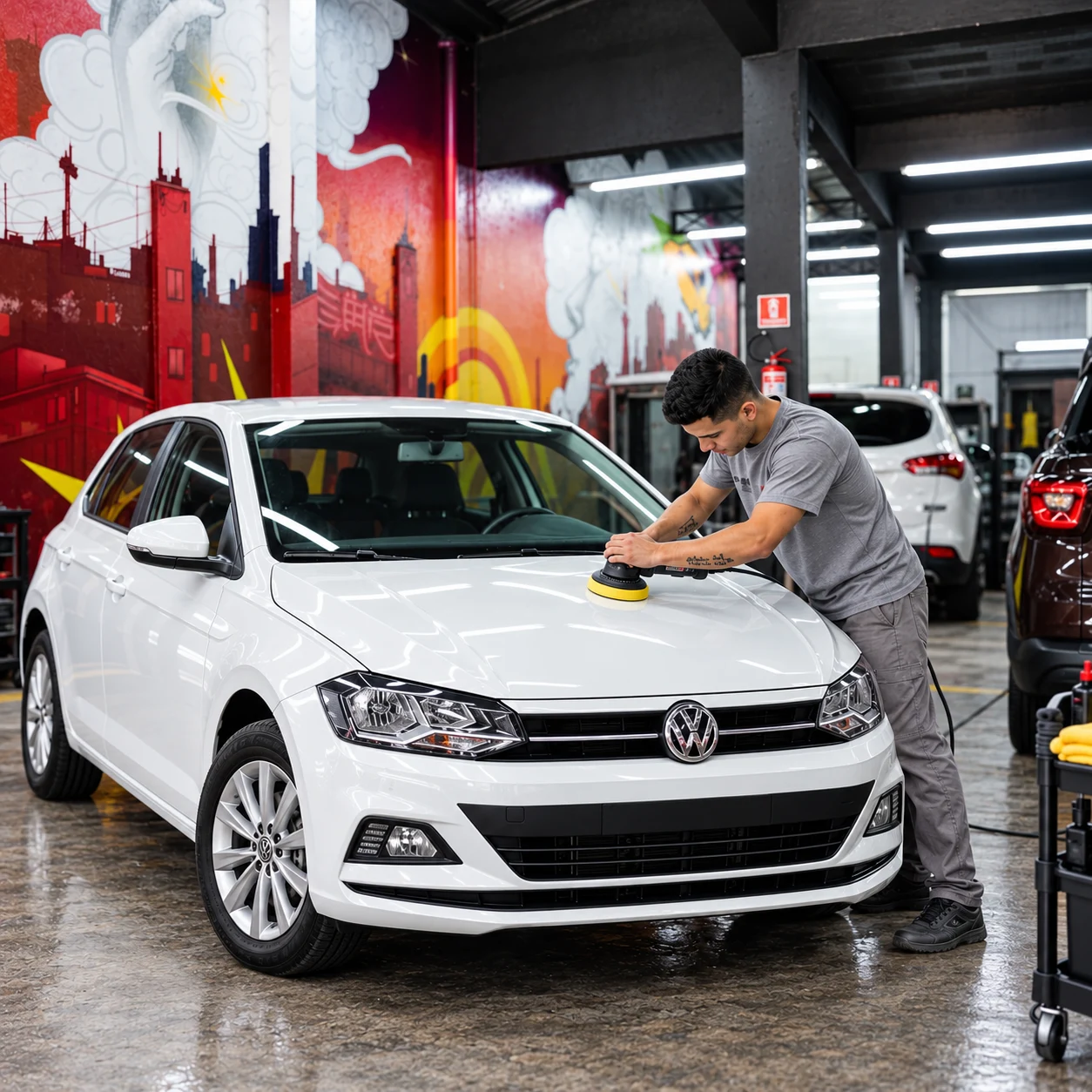 Profissional polindo o capô de um Volkswagen Polo branco, em ambiente baseado nas fotos da oficina Maringá