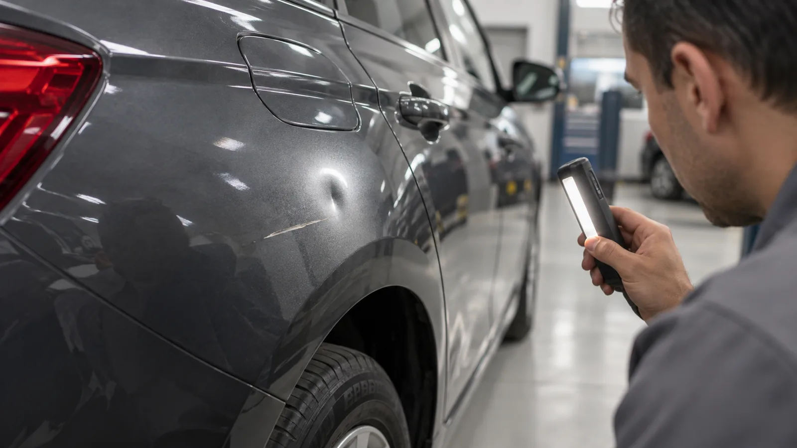Técnico avalia um pequeno amassado e um arranhão profundo na lateral de um carro cinza