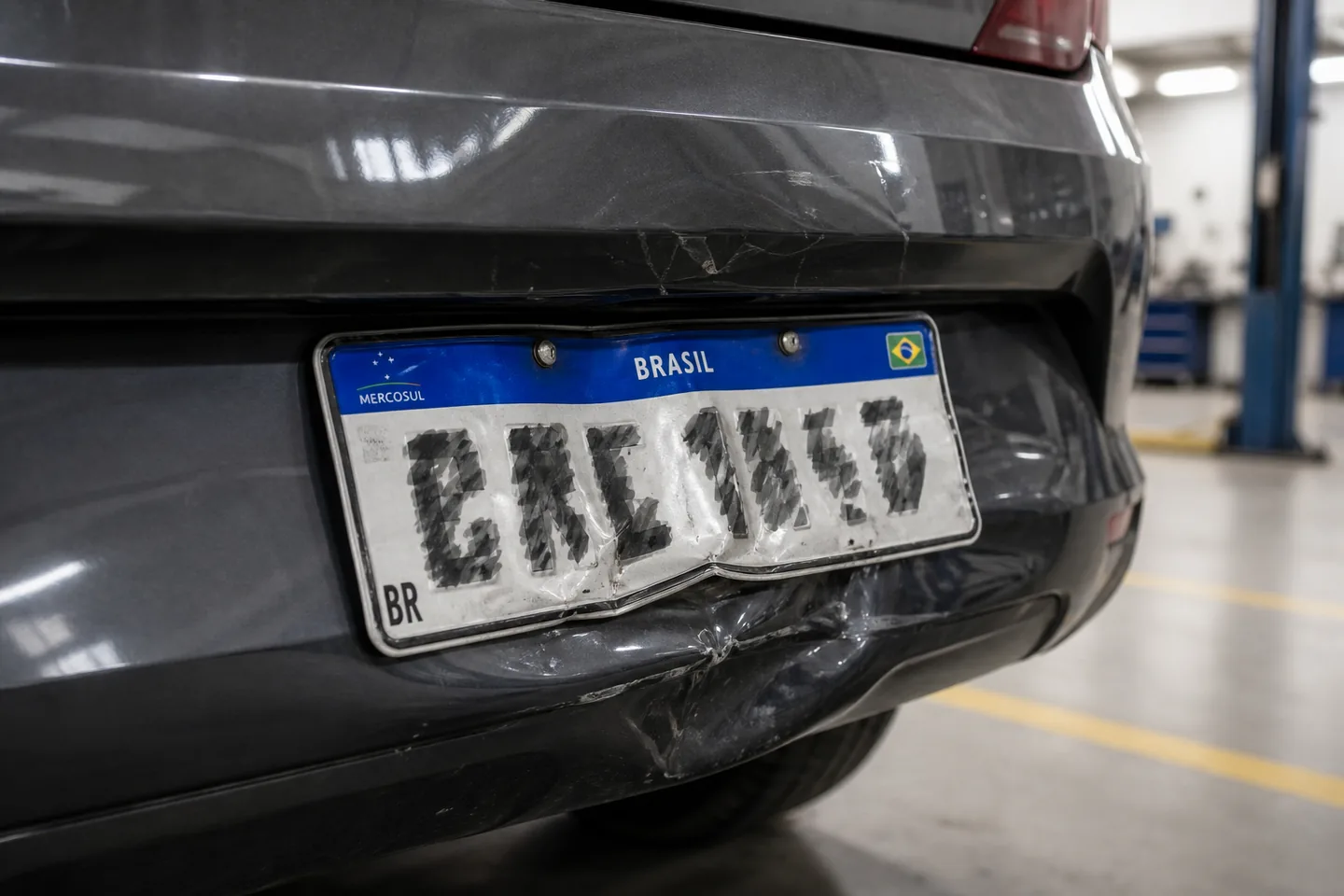Placa Mercosul amassada e presa ao para-choque após uma colisão