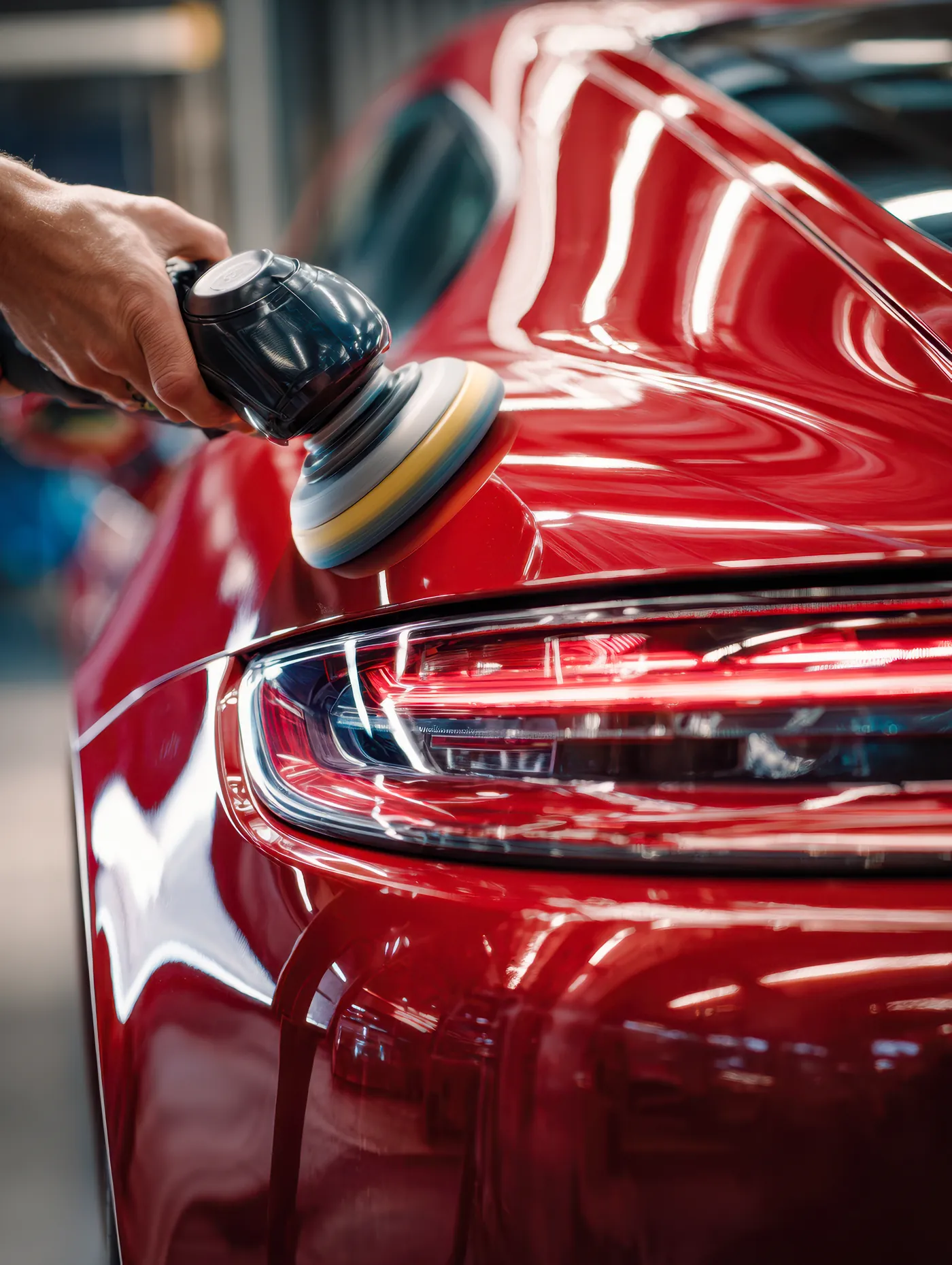 Profissional realizando polimento automotivo com politriz na pintura de um carro vermelho