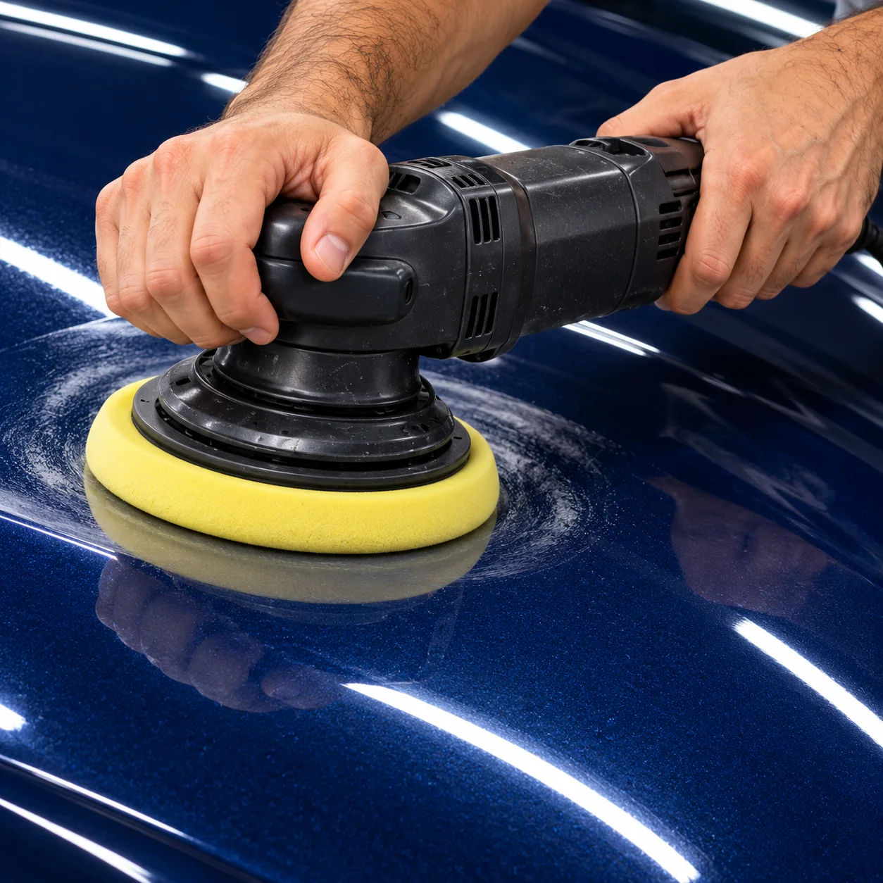 Close das mãos de um profissional usando uma politriz com boina amarela sobre o capô azul escuro de um carro
