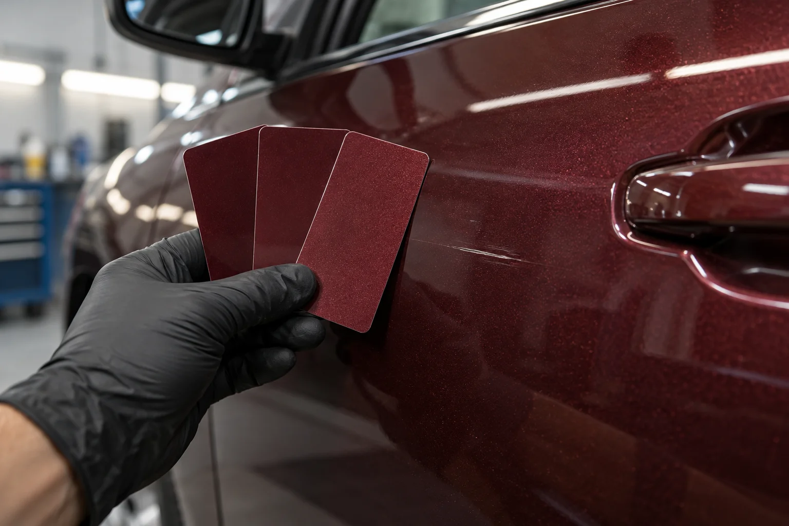 Mão com luva comparando amostras de cor com uma porta de carro vinho que apresenta um risco localizado