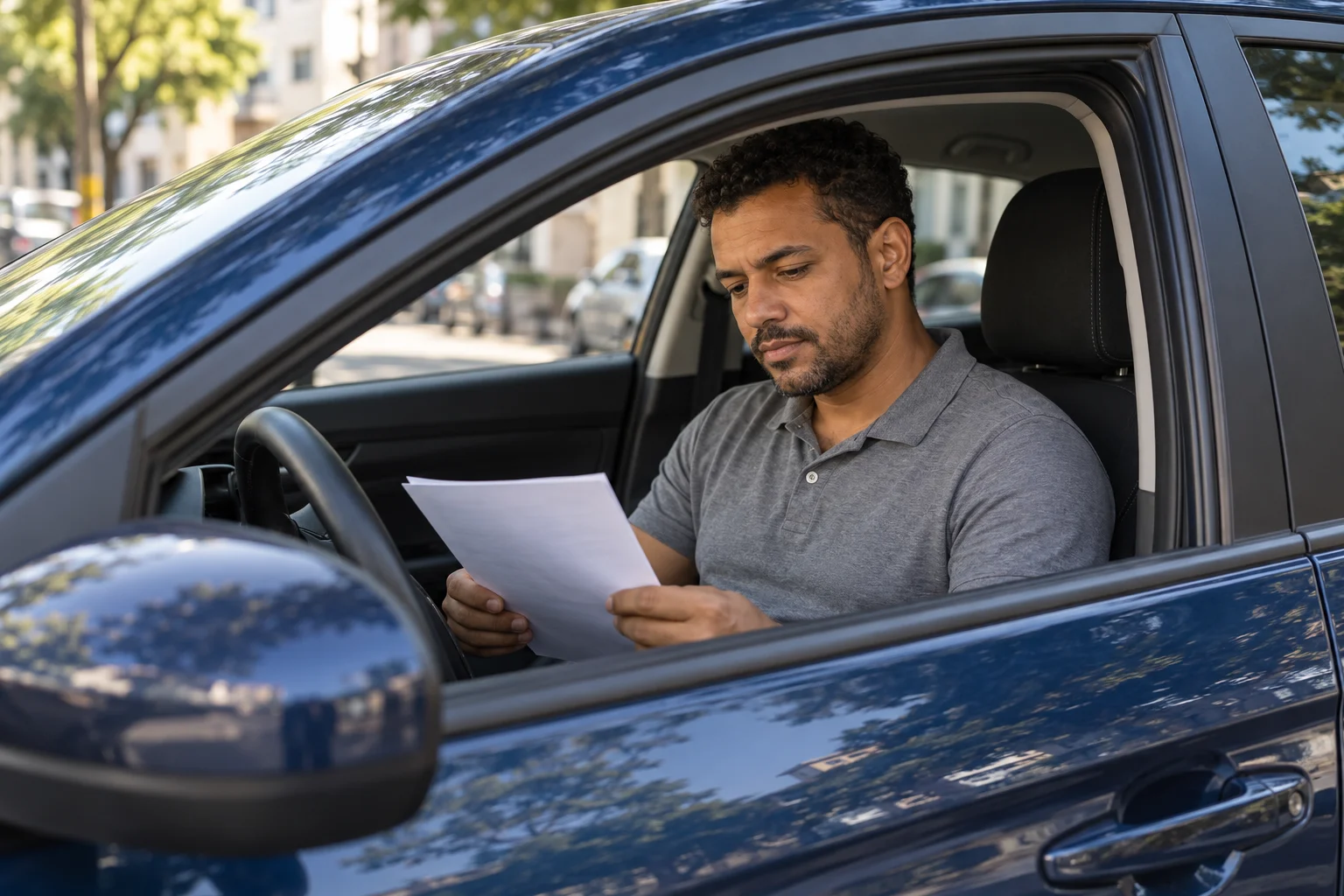 Motorista adulto analisando um documento no banco do motorista de um carro azul estacionado