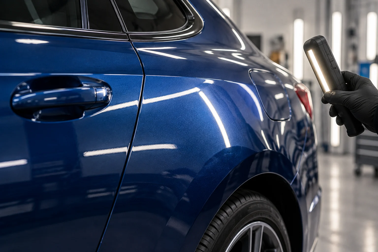 Reflexos de luz sobre a pintura azul de um carro durante a inspeção do acabamento em uma oficina