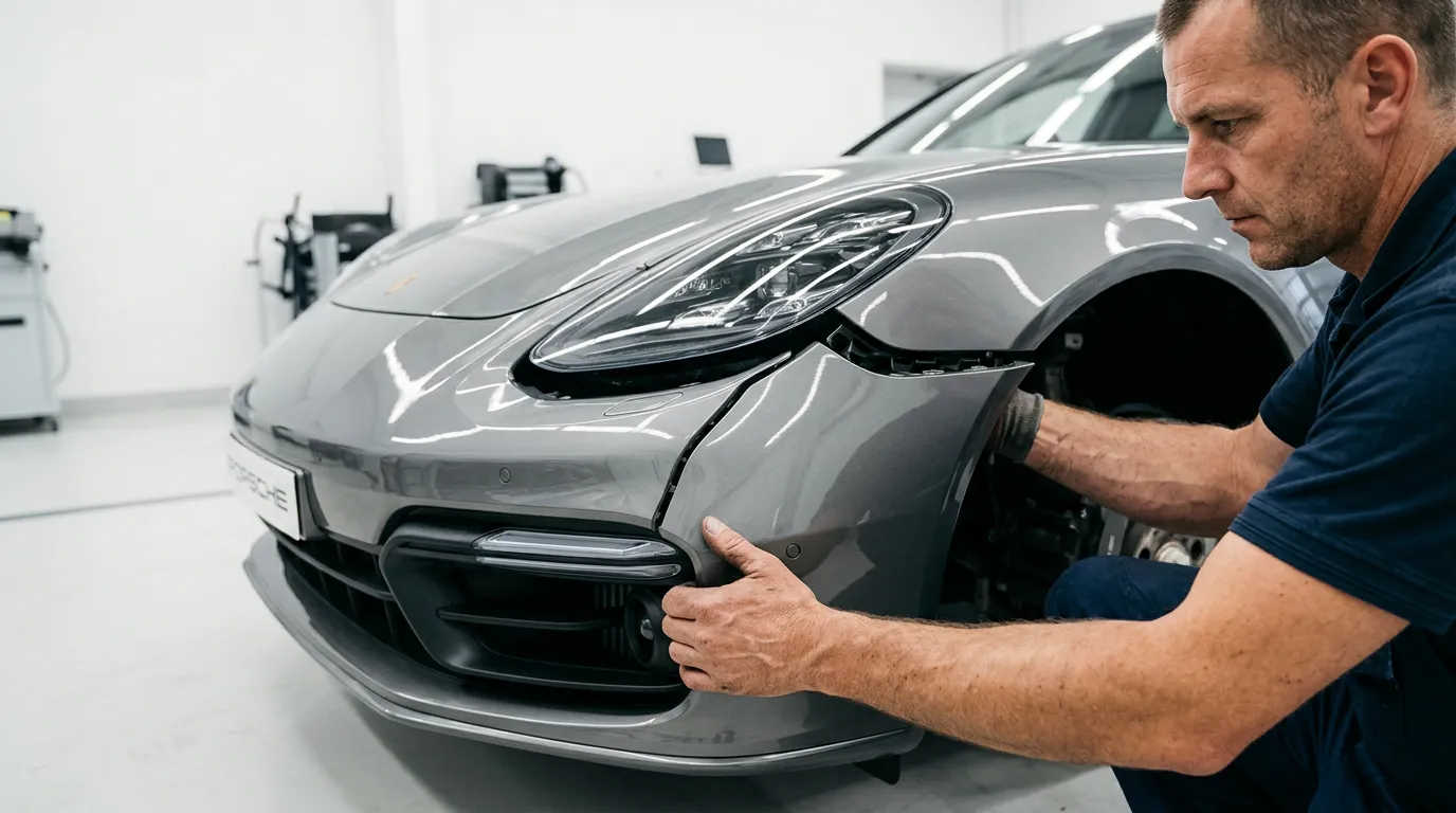 Profissional realizando recuperação de peça automotiva danificada